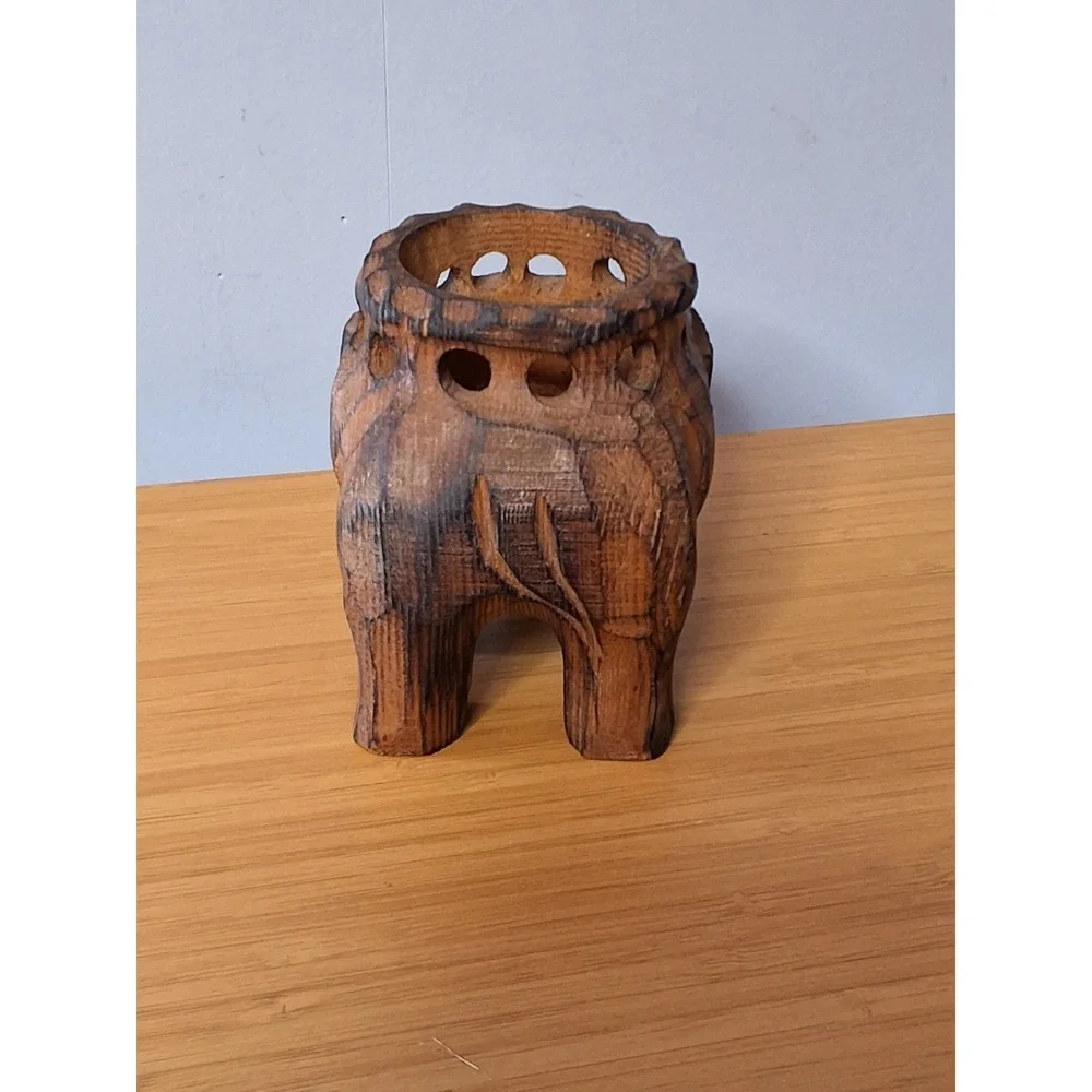 Hand Carved Wooden Elephant Trinket Candle Planter Holder‎